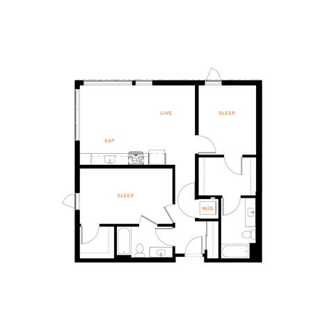 Floor plan for 2 beds, 2 baths, 960 sqft